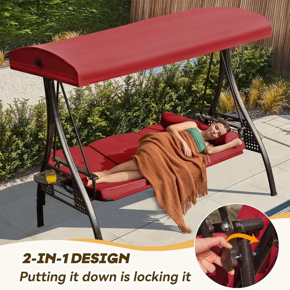 3 in 1 Outdoor Porch Swing with Adjustable Canopy, 3 Seat Outdoor Swing for Adults, Patio Swing Chair with Thickened Cushions