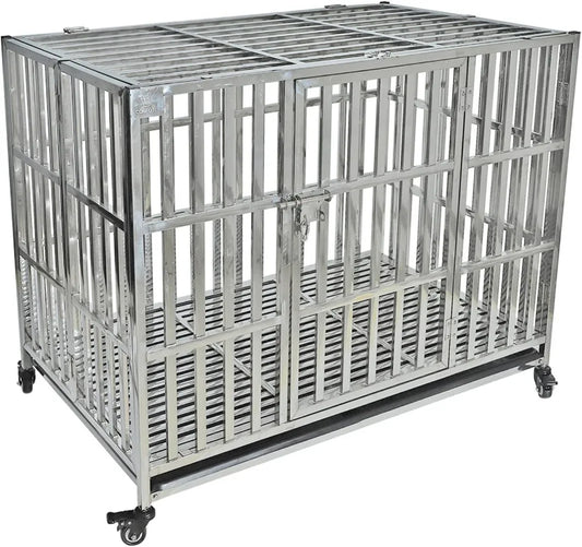 Stackable Stainless Steel Dog Crate Heavy Duty Pet Kennel Foldable Indestructible Dog Cage Playpen with Lockable Rolling Wheels