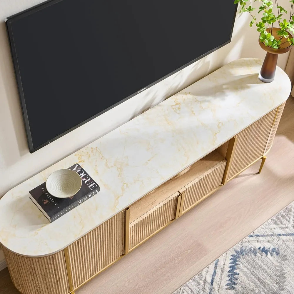 okd luxury 70" fluted tv stand, modern chic entertainment center for tvs up to 80 inches, tv console with faux marble top, curve