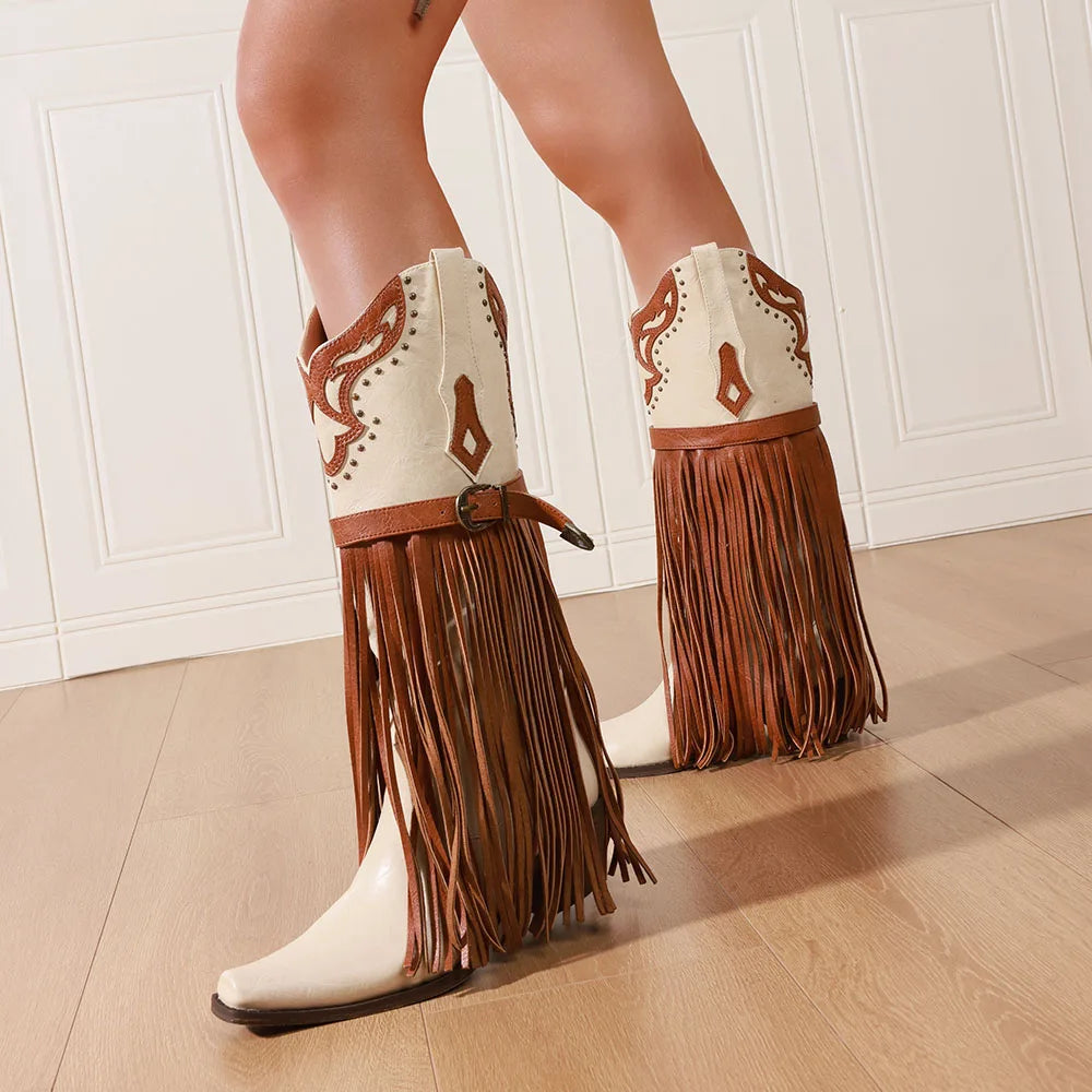 Women's Embroidered Western Cowgirl Boots Fringe Vintage Point Toe Chunky Heels Vintage Cowboy Knee High Boots For Women Farm Ou