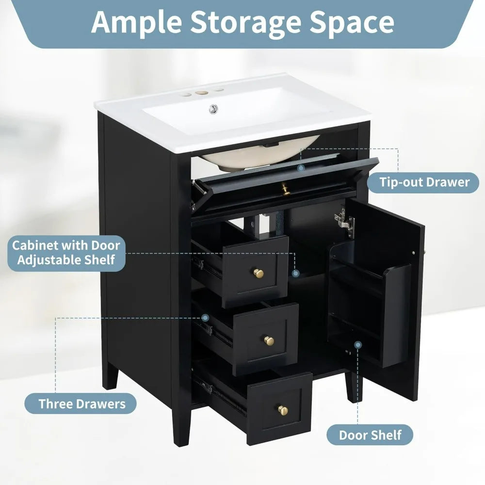 24-Inch Bathroom Vanity with Sink, Storage Cabinet, Multi-Functional Drawer, and Soft-Close Door
