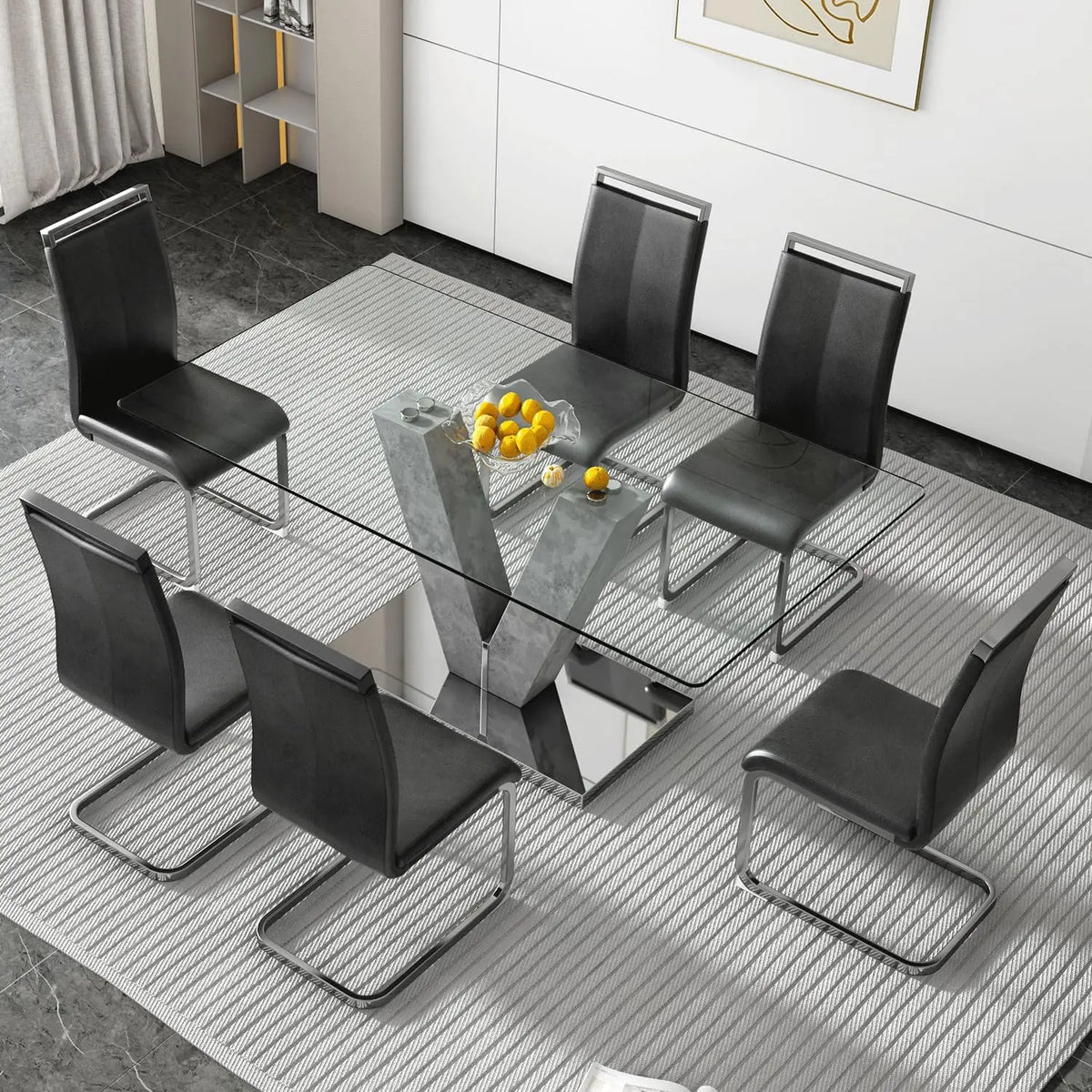 Glass Dining Room Table Set for 6,Grey Dining Table with 6 PU Leather Dining Chairs.71'' Kitchen Table with Natural