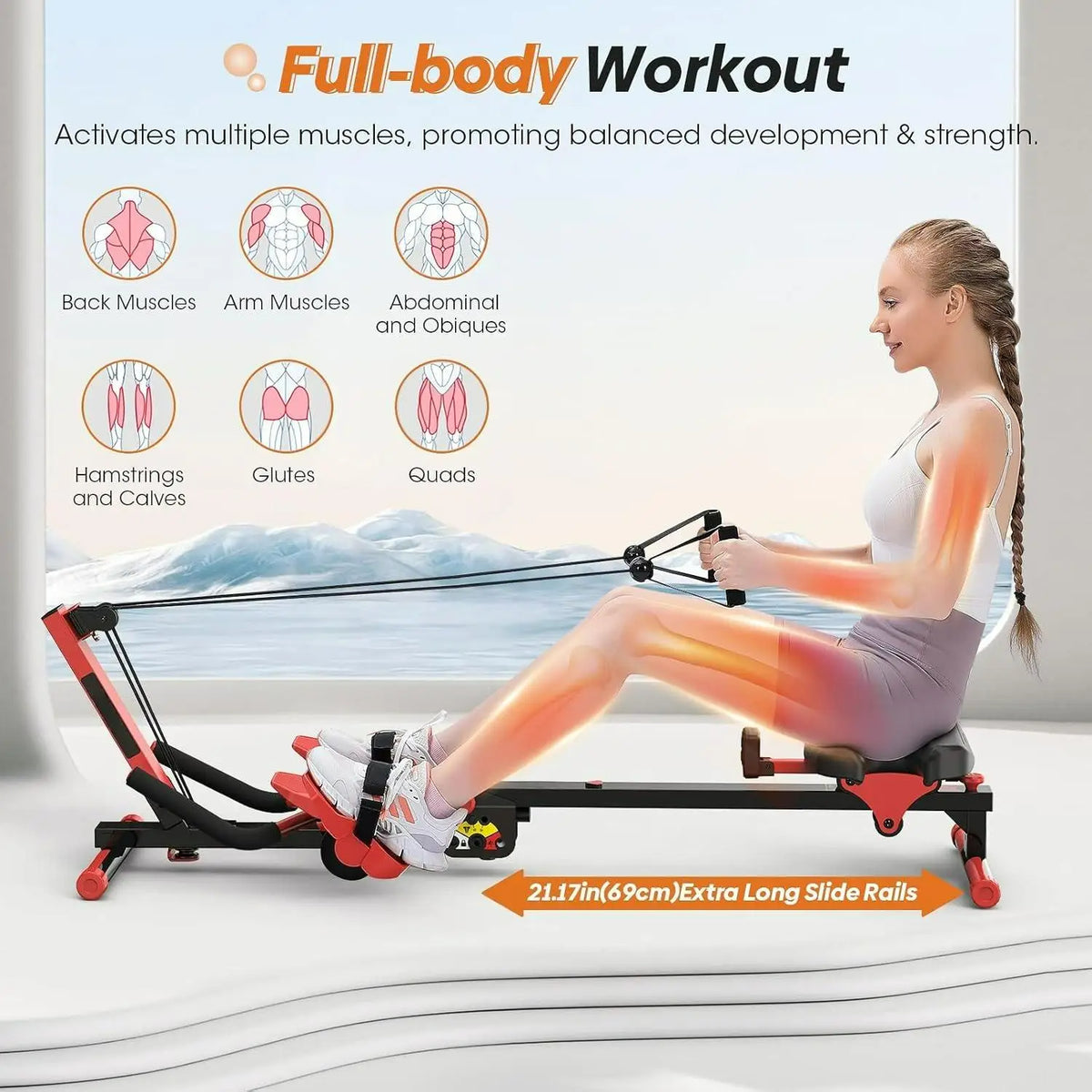 W_Rowing Machine, 4 in 1 Rowing and Ab Machine with 2 Levels of Workout Resistance, Quiet