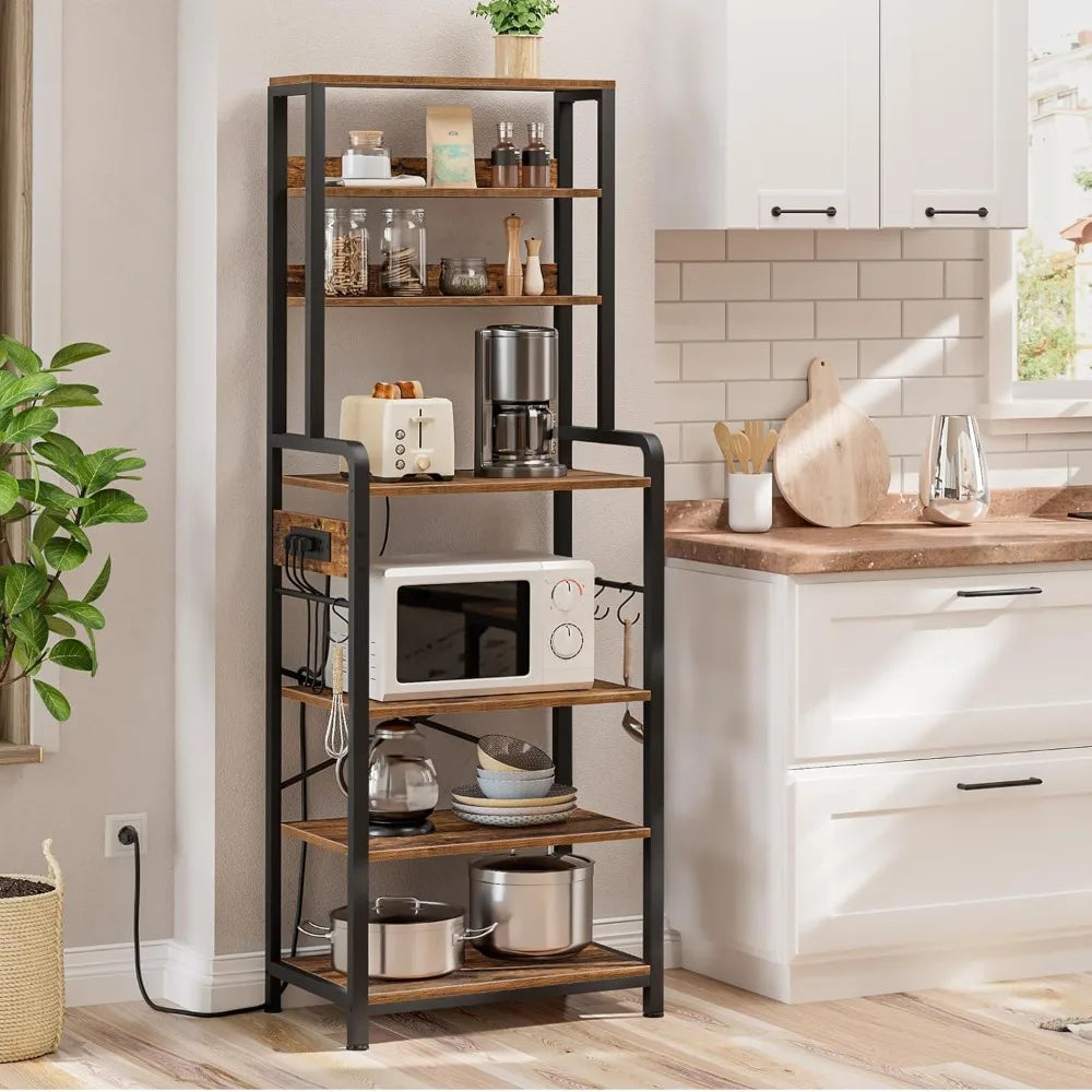 Bakers Rack with Power Outlet, 68.1inch Height Microwave Stand with 4 S-Shaped Hooks, 7-Tier Kitchen Storage Shelf Rack,