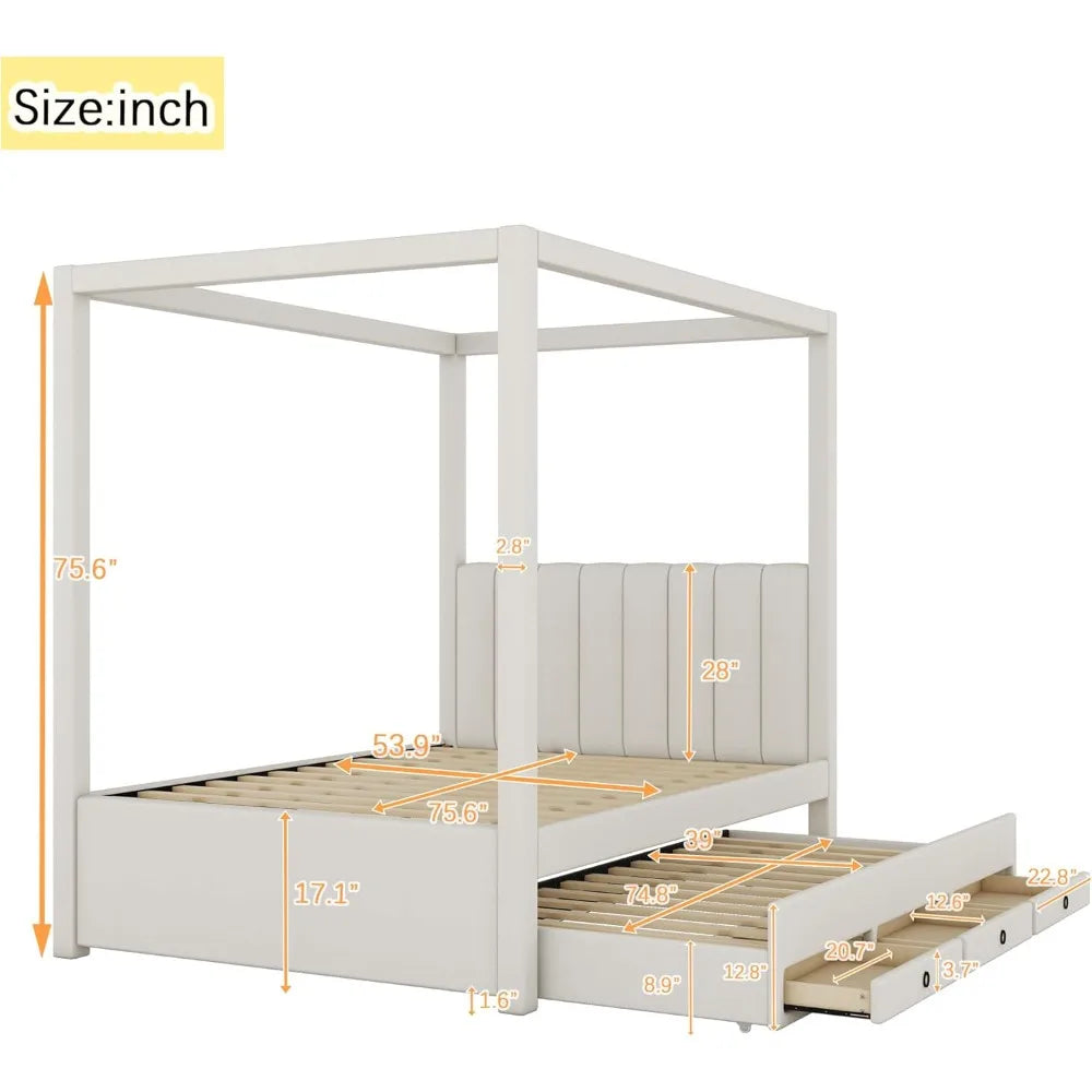 Full Size Linen-Upholstered Canopy Bed with Trundle and Storage Drawers, Wooden Platform Frame