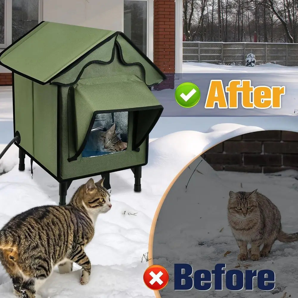 Insulated Outdoor Cat House with Heated Pad, Waterproof Shelter for Indoor/Outdoor Cats, Green Elevated Feral Cat Bed, 21x19.4x1