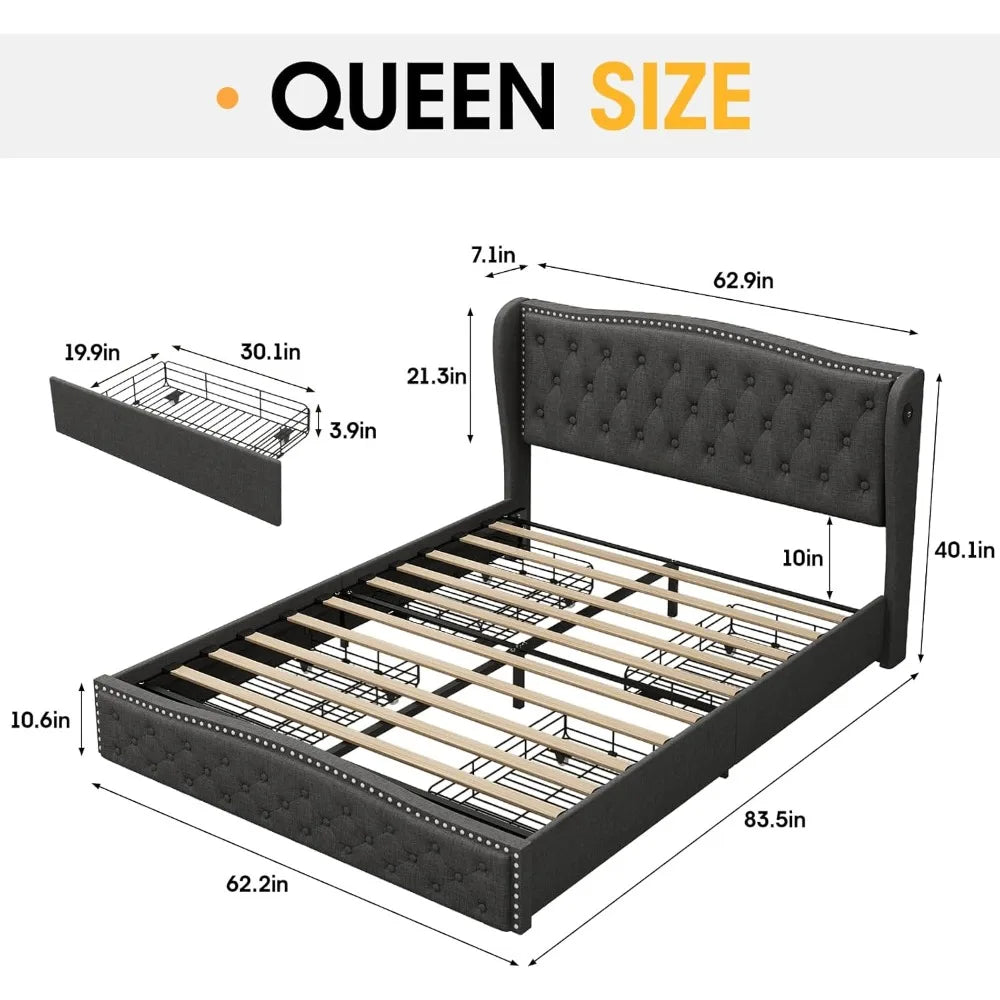 Vabches Queen Size LED Bed Frame with Storage Drawers and Charging Station, Upholstered Platform Bed Frame with Wingback Headboa