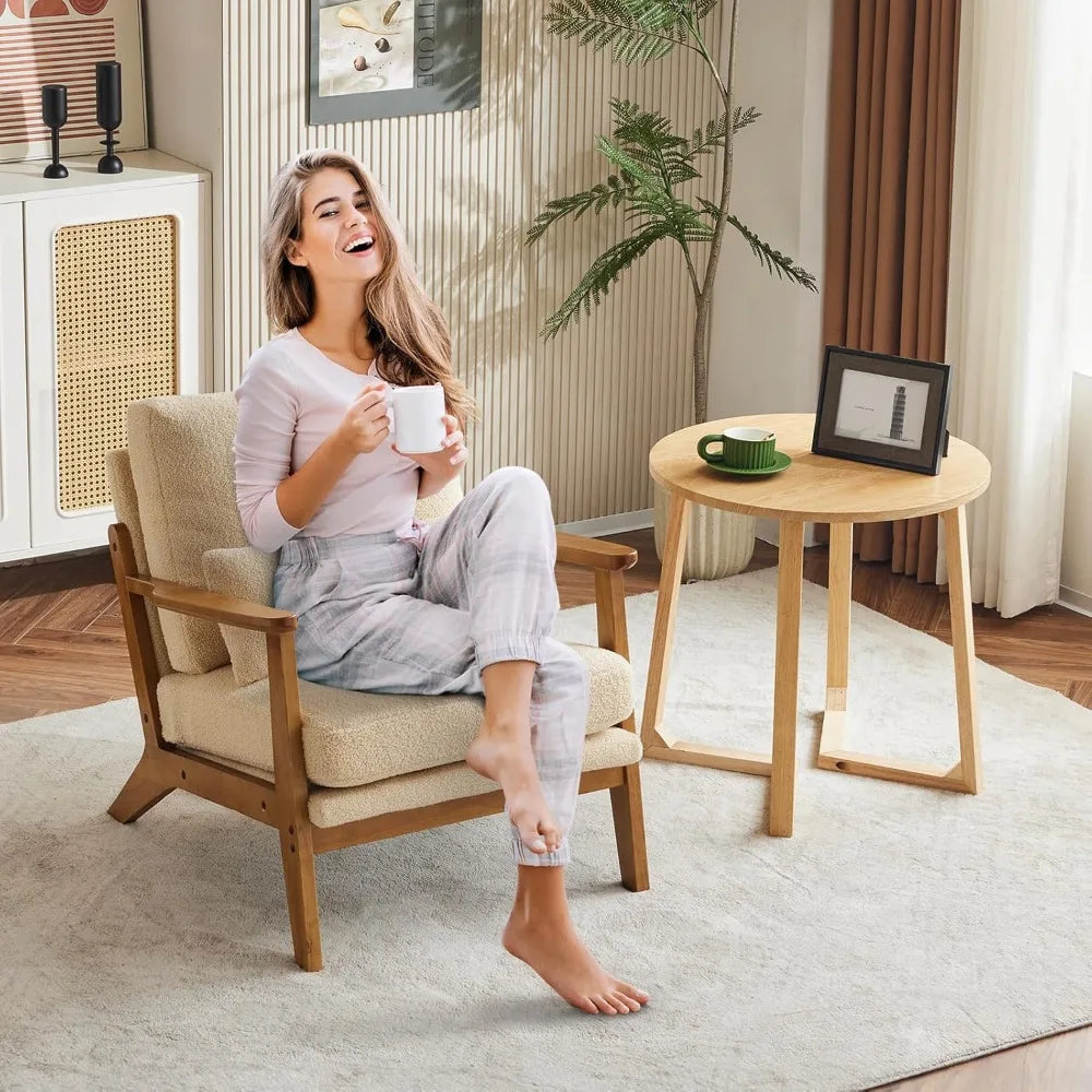 Accent Chair Wide Armrest Mid-Century Lounge Chair Teddy Fleece Armchair with Lumbar Pillow & Solid Wood Frame for Liv