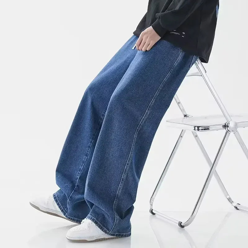 High Street Fashion All-Season With Drawstring Closure And Slight Stretch Jeans Men's Retro Straight Loose Wide Leg Casual Jeans