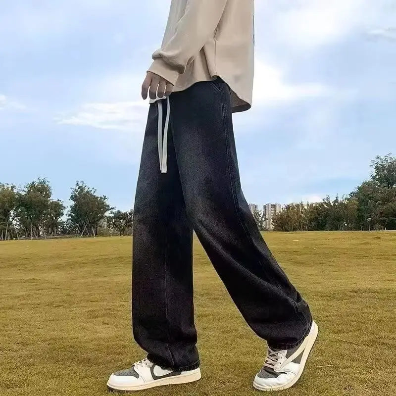 2025 New Korean Men's Casual Long Jeans Classic Man Straight Denim Wide-leg Pants Gyms Solid Color Light Blue Grey Black M-3XL