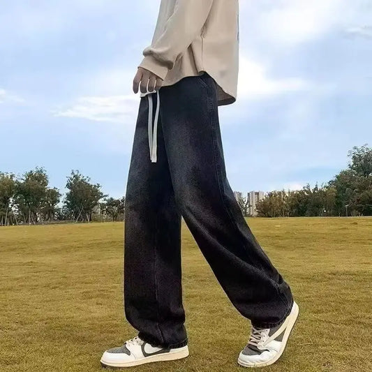 2025 New Korean Men's Casual Long Jeans Classic Man Straight Denim Wide-leg Pants Gyms Solid Color Light Blue Grey Black M-3XL