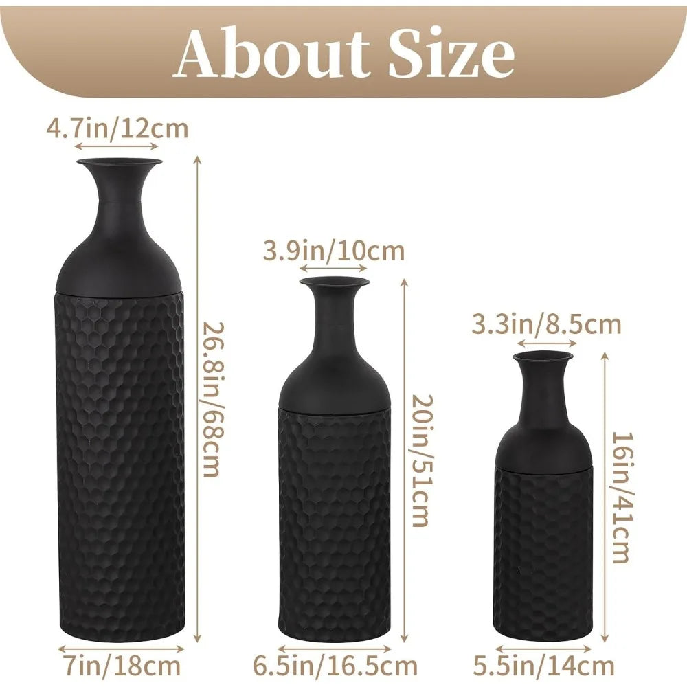 Large Black Tall Vases - Set of 3 Modern Metal Floor Standing Vase with Honeycomb Texture for Living Room Decor