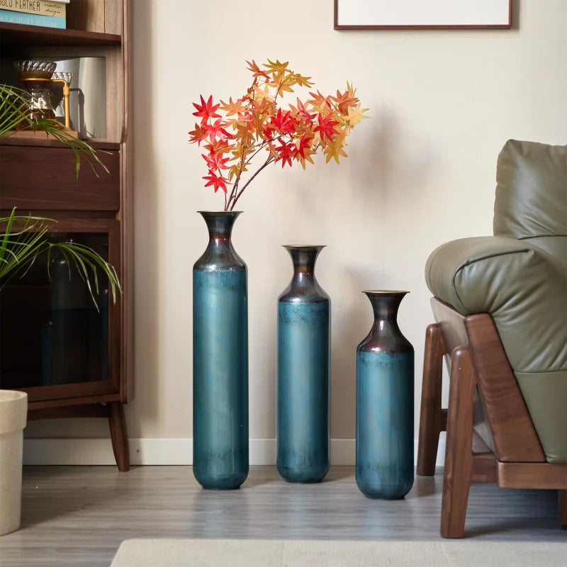 Large Floor Metal Vases Decorated Aqua Blue Set Of 3 Gorgeous Home Decoration accessories Living Room Shipping from the USA
