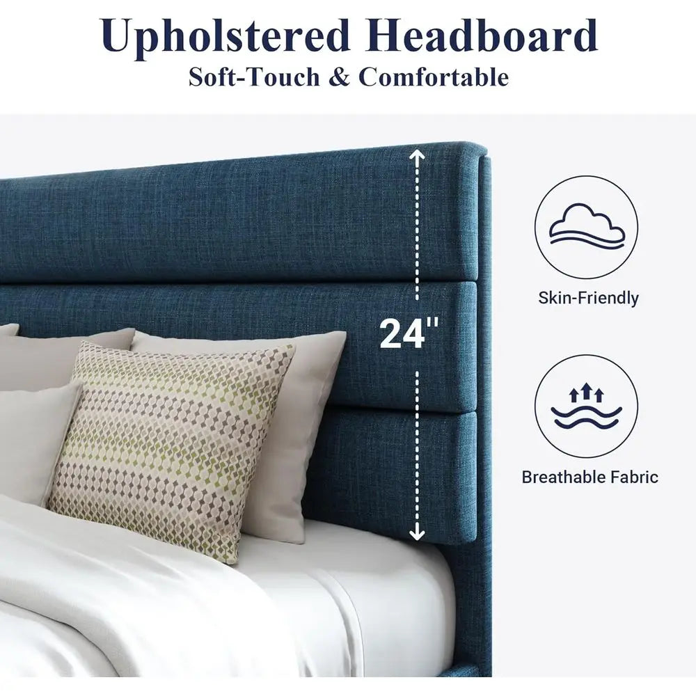 Navy Blue Queen Platform Bed Frame with Fabric Headboard, Wooden Slats, No Box Spring Needed, Easy Assembly