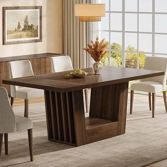 Farmhouse Style Rectangular Dining Table Seats 4-6, Heavy Duty Base, Wooden Kitchen Dinner Furniture for Casual Dining