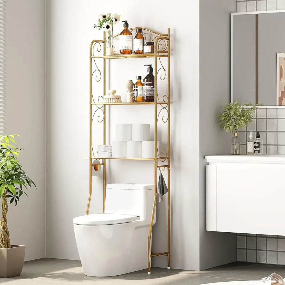 3-Tier Gold Toilet Storage Shelf, Freestanding Bathroom Organizer with Hooks, Space-Saving Over-the-Toilet Rack