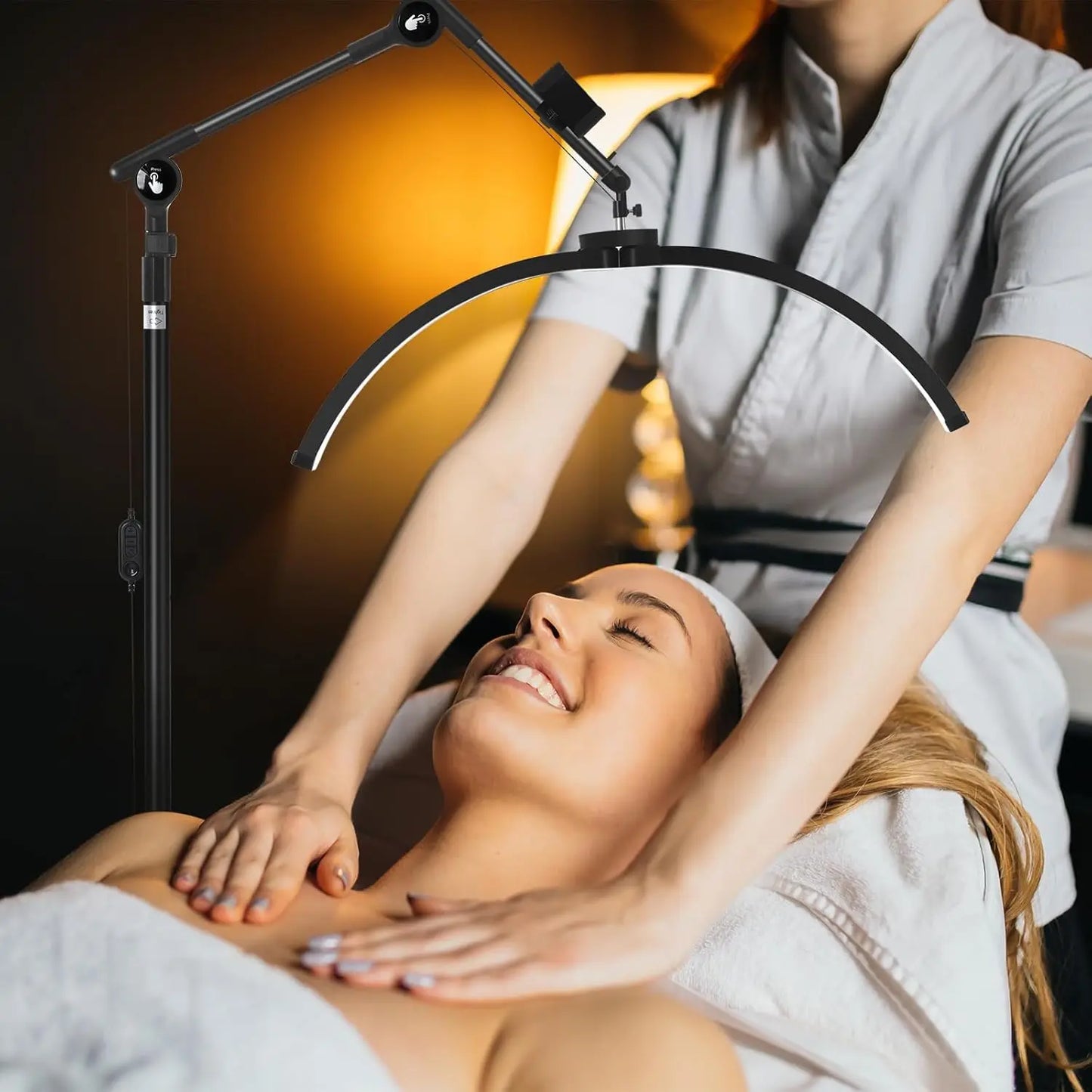 Half Moon LED Floor Lamp with Adjustable Height & Angle, Cool/Warm Light, Phone Holder for Eyelash & Skincare