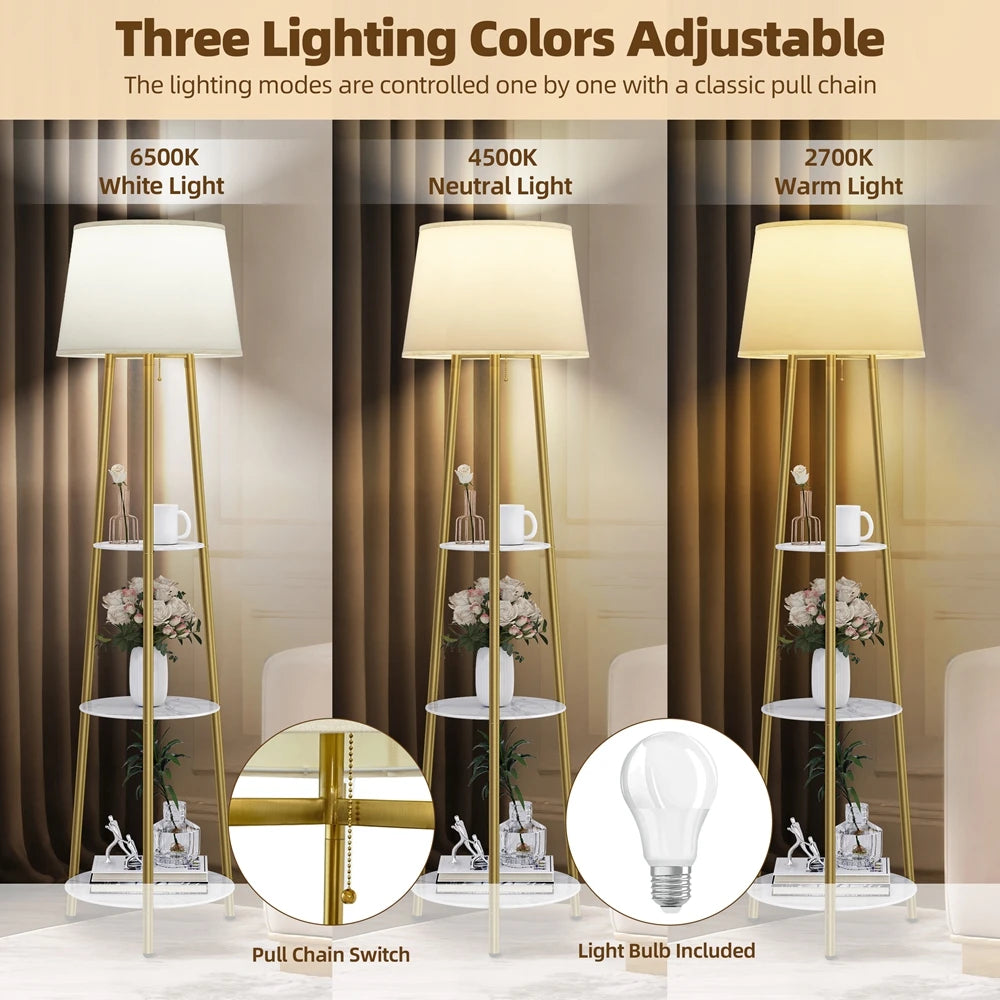 Floor lamp with shelf, modern corner display column bookshelf lamp, suitable for living room,  white marble and golden pillars