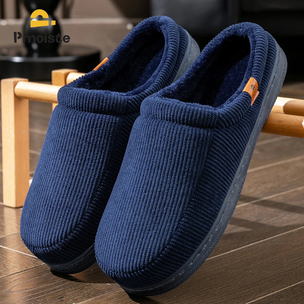 Warm Slippers for Men TPR Sole Memory Foam Soft Cushion Non Slip Stripe Design Comfortable Corduroy House Shoes