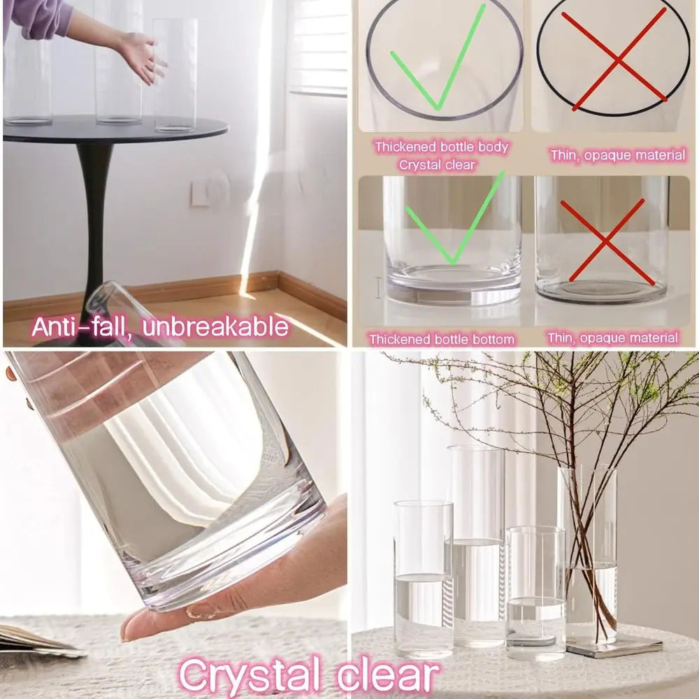 Clear Acrylic Cylinder Vase, Large Floor Standing, Wide Mouth, Unbreakable, 20 Tall, Set of 3, Hurricane Flower Vases for Home D