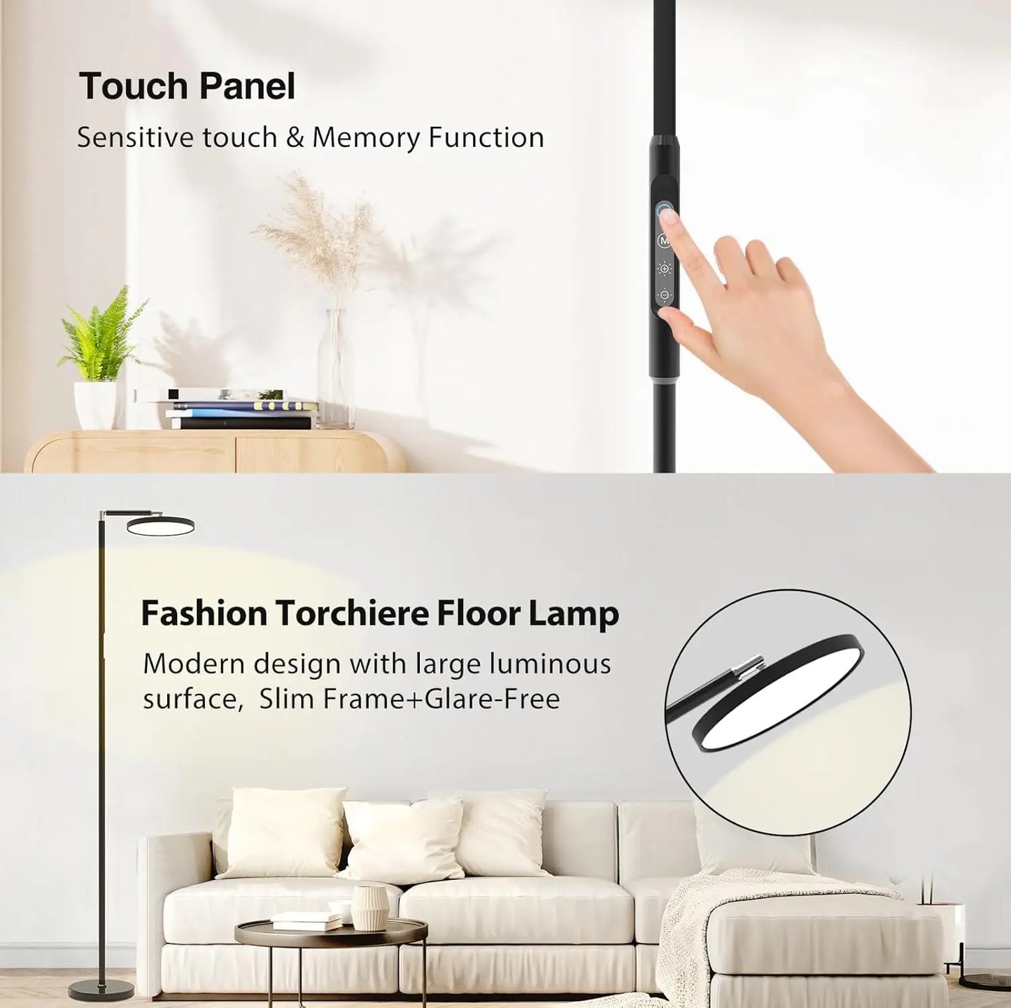 Tall LED Floor Lamp, 72'' Modern Touch Control Torchiere, Black Standing Lamp for Living Room, Bedroom, Office