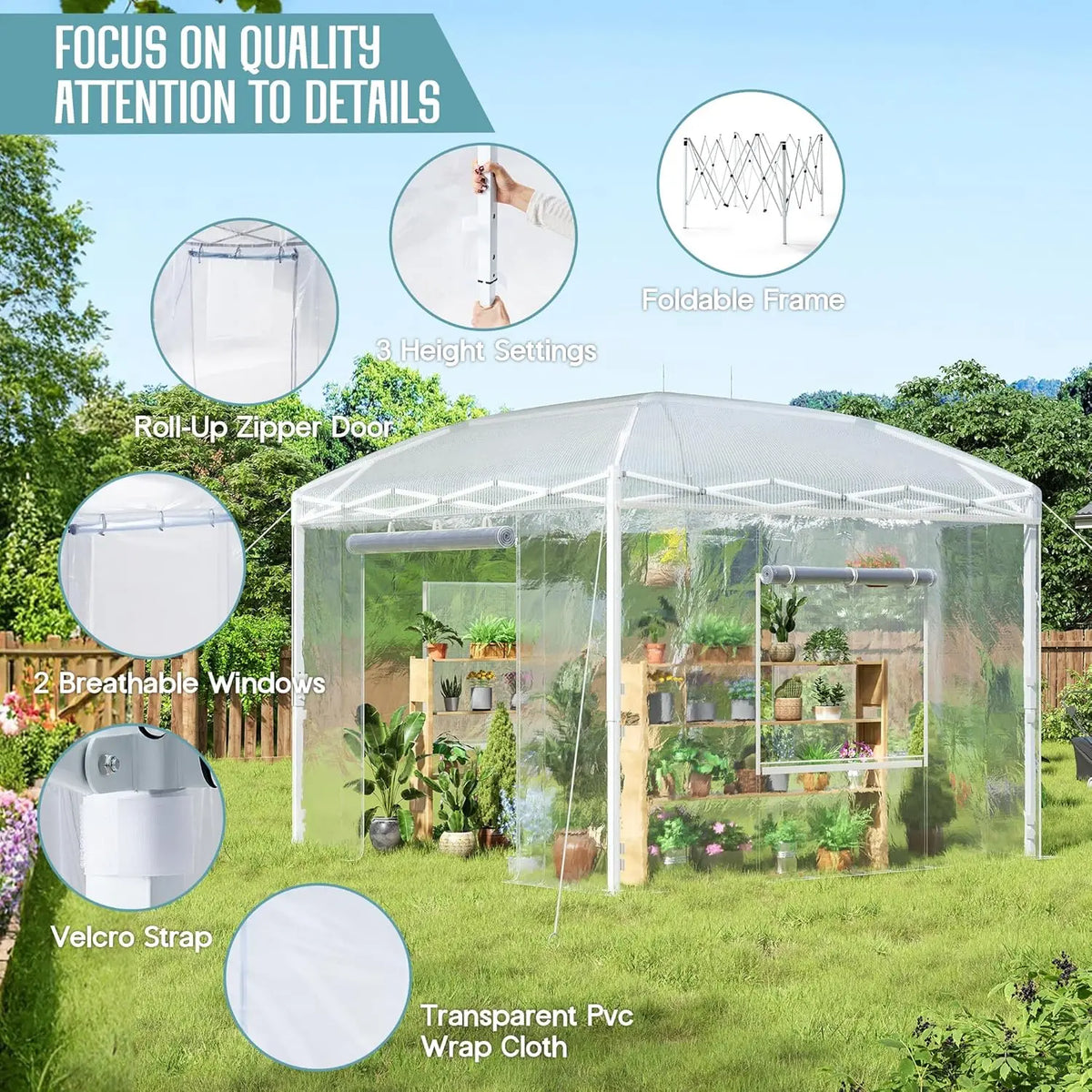 [New Arrival!]10×10×8.5 FT Outdoors Pop-up Greenhouses with Adjustable Reinforced Frame, Portable Walk in Greenhouse with 2 Roll