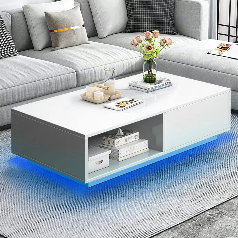 Modern White LED Coffee Tables for Living Room with Drawer & 16-Color LED Lights, Rectangle Living Room Sofa Table with Ample S