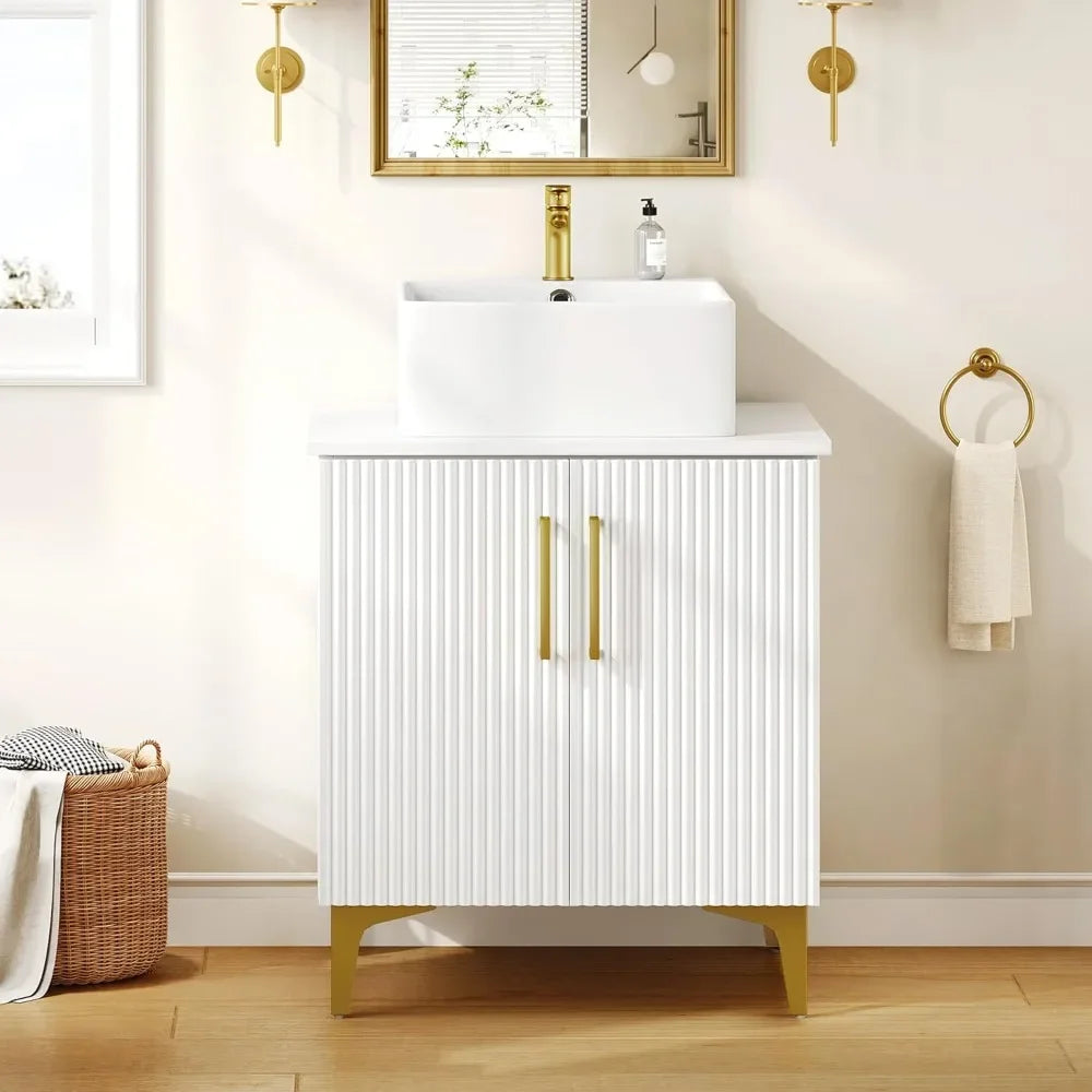 30 Inch Bathroom cabinet & Sink, Freestanding Storage Cabinet w/Engineered Stone Countertop, 2 Large Soft Closing Doors w/Shelf
