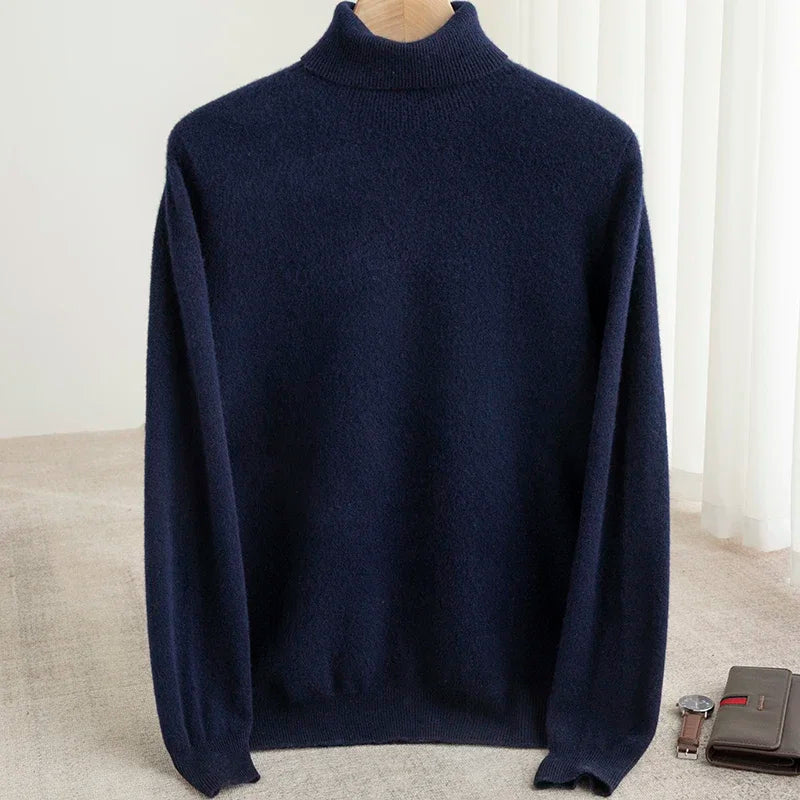 Men 100% Merino Wool Sweater Turtleneck Knitted Pullover Cashmere Warm Solid Color Clothes Business Bottoming Tops Autumn Winter