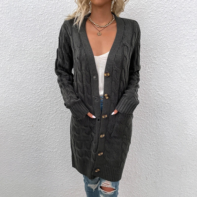 European and American Knitwear Autumn and Winter Long Fried Dough Twists Sweater Women's Button Cardigan