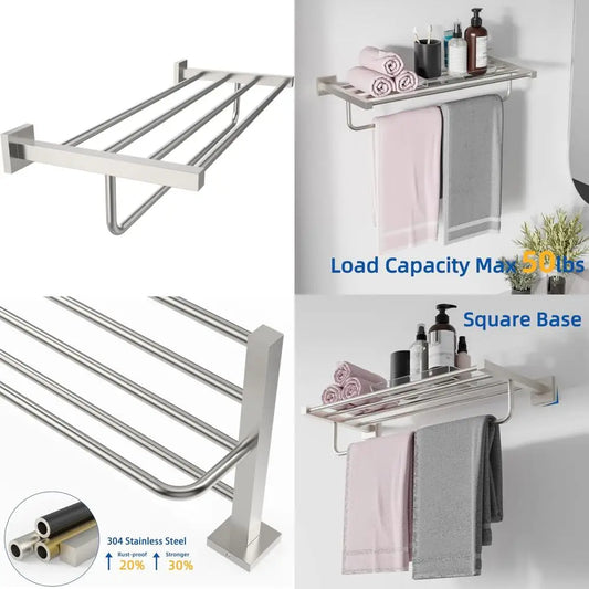 24 Inch Stainless Steel Square Base Towel Rack with Towel Bar, Wall Mounted Bathroom Shelf for Modern Home Decor