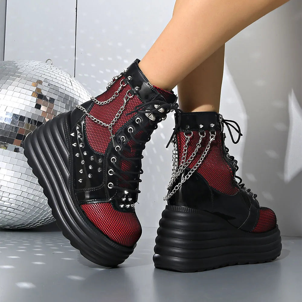 Gothic Y2k Women Ankle Boots Punk Wedges High Heels Platform Stacked Sole Metal Rivet Chain Decor Short Boots For Woman Autumn W