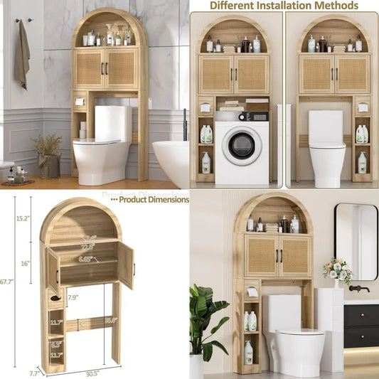 Over The Toilet Storage Cabinet, Bathroom Organizer Over Toilet with Rattan Doors, Arched Storage Organizer Cabinet with Anti-Ti