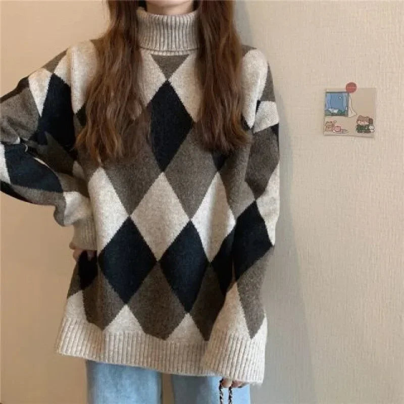 Lazy Sweater Women's Autumn/winter Loose-fit Polo/turtle Neck Rhombus Thickened Top Inner Knitted Top Base Layer