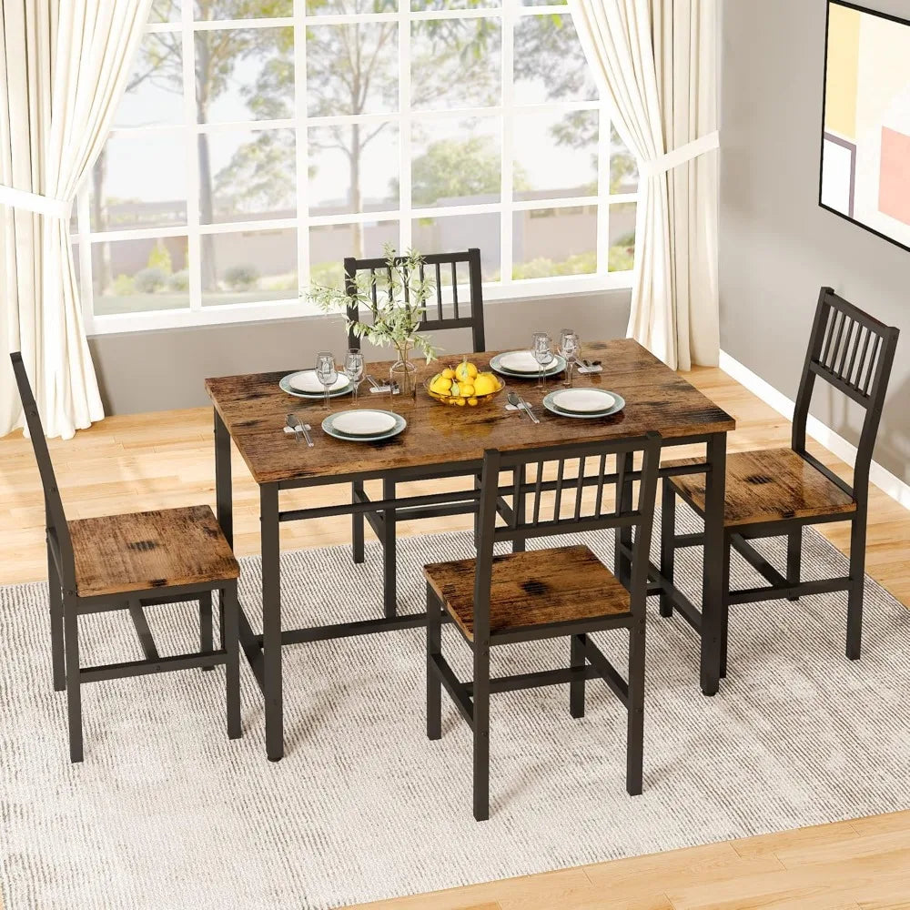 47.2 Inch Dining Table Set for 4,Industrial Table with 4 Curved Chairs Set,5-Piece Rectangular Kitchen Table Set for Dining