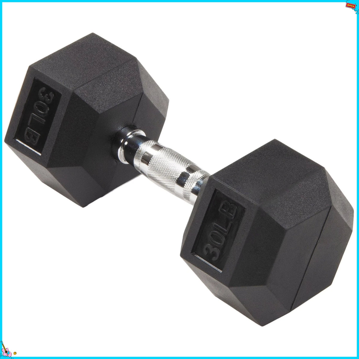 Rubber Encased Hex Dumbbell, Anti-Roll, Black, 30 lb, Assembled Product Weight, Single