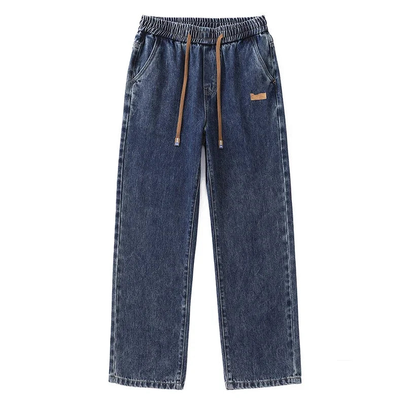 Men Dark Blue Blue Stretch Elastic Waist Denim Pants Streetwear Loose Full Length Trousers Straight Wide Leg Drawstring Jeans