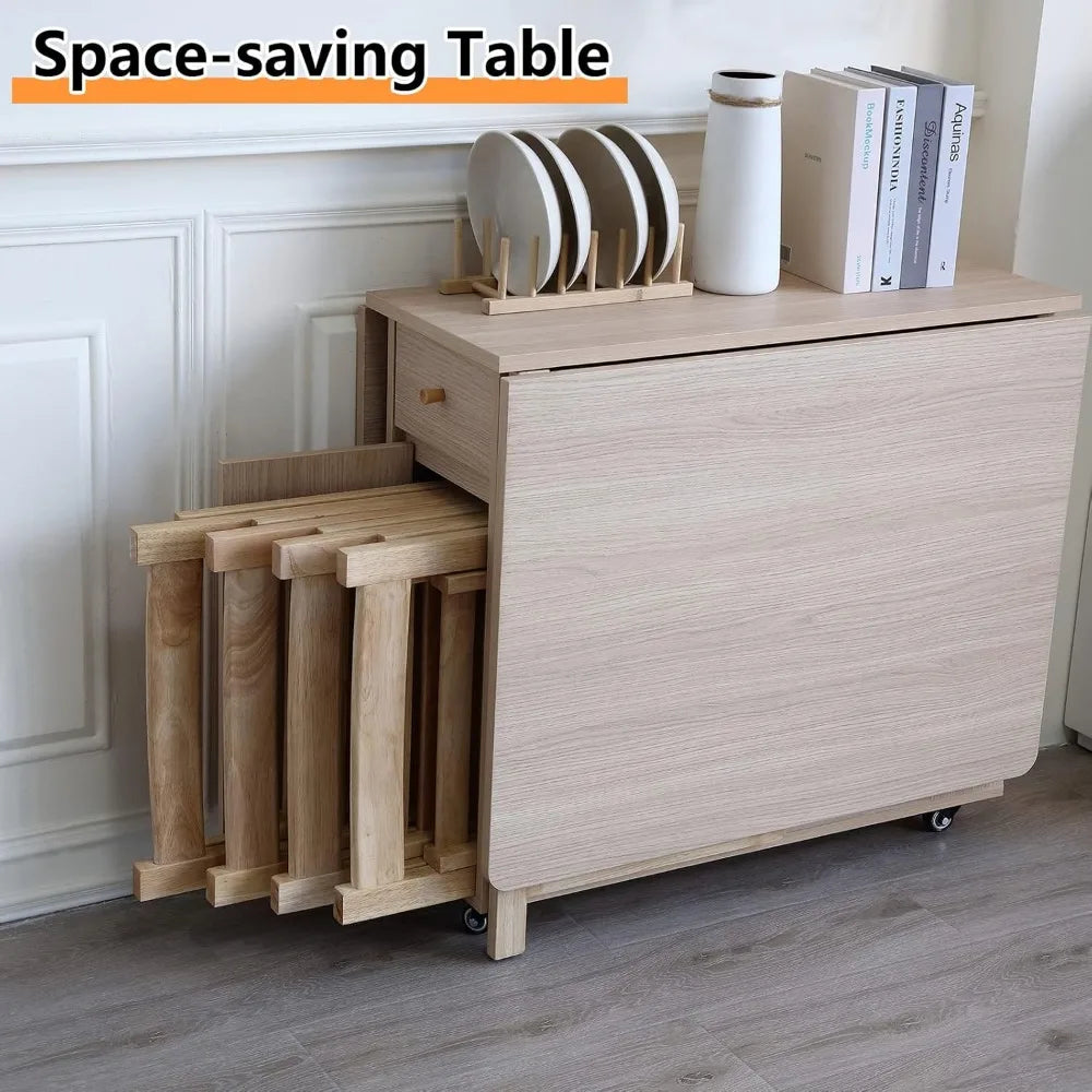 Folding Dining Table with Drop Leaves, Two Drawers, and Four Wheels for Space-Saving in Farmhouse-Style Living and Kitchen Areas