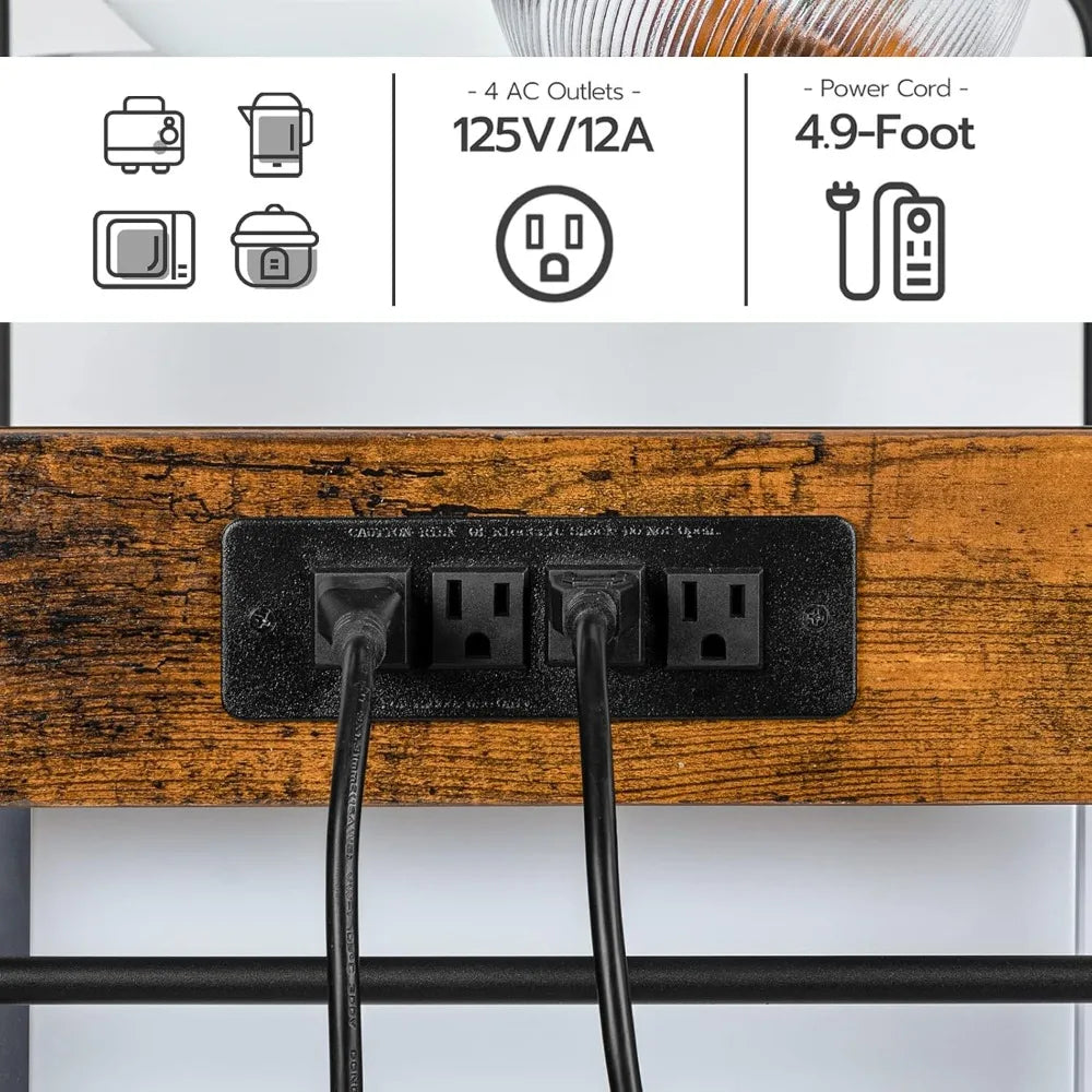 Bakers Rack with Power Outlet, 68.1inch Height Microwave Stand with 4 S-Shaped Hooks, 7-Tier Kitchen Storage Shelf Rack,