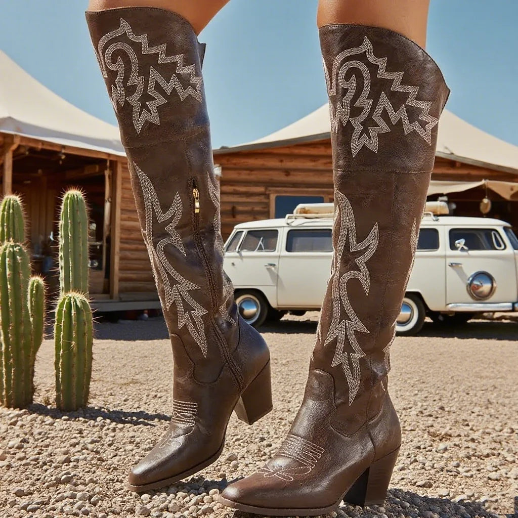 GIGIFOX Over the Knee Boots with Chunky Heel, Side Zipper Stylish Thigh High Cowboy Cowgirl Boots Ladies Outdoor Party Footwear