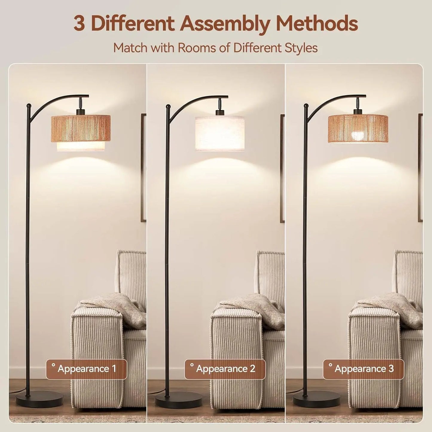 Arc Floor Lamp with 12W LED, 3 Color Temperatures, Adjustable Rattan & Fabric Shades, Boho Living Room Lamp