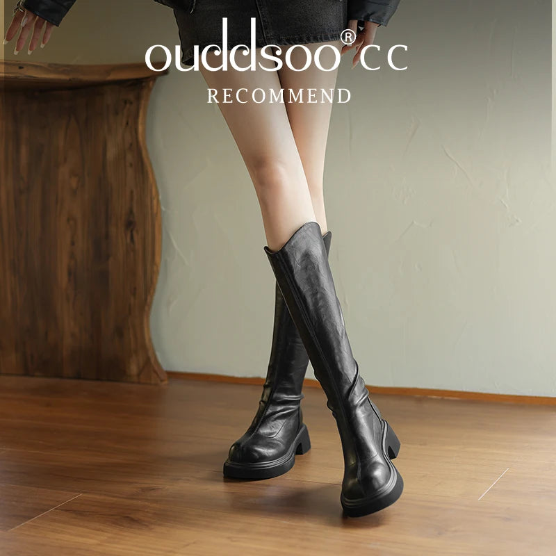 Ods  Footwear Elegant Heeled Shoes for Women Brown Ladies Boots Platform Winter Knee High Shaft Heels Long Boot Free Shipping 42