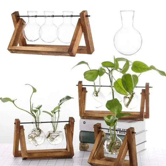 Hydroponic Plant Vases Glass Vase Vintage Bonsai Flower Pot Terrarium Tabletop Tray Wooden Frame Home Decor Cactus decoration
