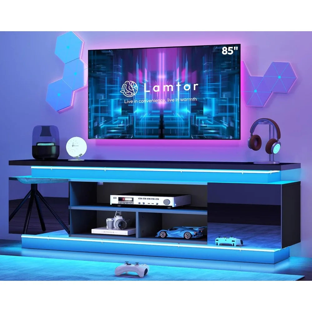 70 Inch TV-Stand - Television Stands for 75 80 85 Inch TV - 2 Tier Entertainment Center with 4 AC Outlets & 2 Smart RGB LED