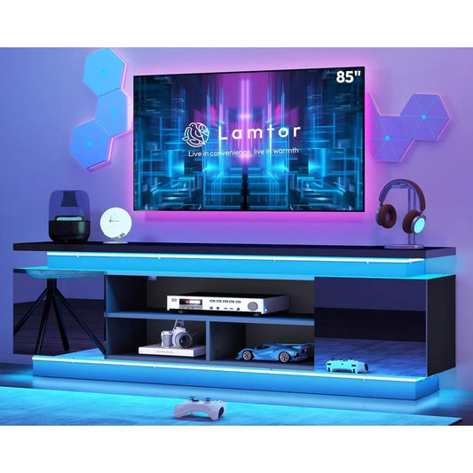 70 Inch TV-Stand - Television Stands for 75 80 85 Inch TV - 2 Tier Entertainment Center with 4 AC Outlets & 2 Smart RGB LED