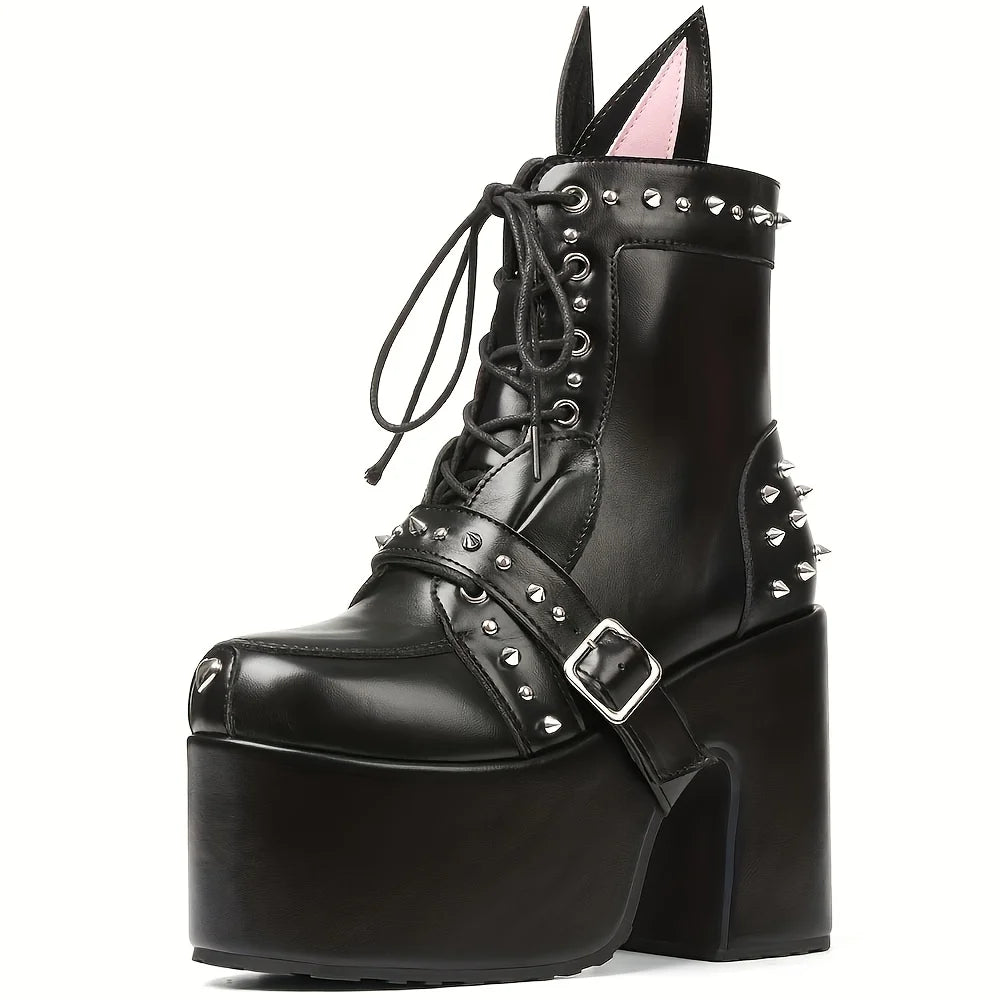 Women's Y2K Goth Ankle Boots Fashion Punk Rivet Buckle Platform Chunky High Heels Cute Ear Decoration Street Cosplay Boots Woman