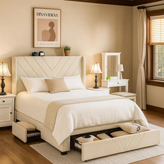 Modern Upholstered Platform Bed Frame with Queen Size, Headboard, USB & Type-C Charging Ports, and Storage Drawers