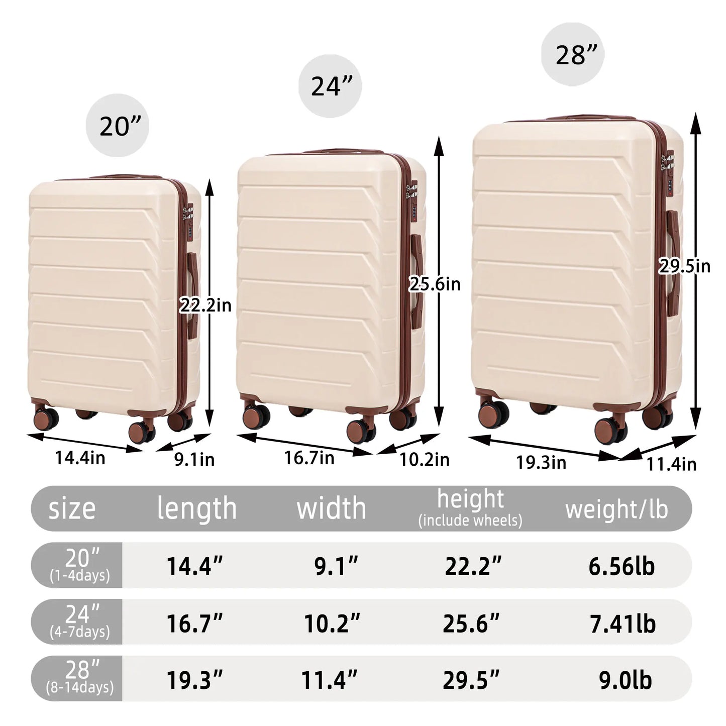 3 in 1 ABS&PC Trolley Box 20in 24in 28in Trolley Box Iron Tie Rod ABSPC Alloy Beige  luggage travel bag suitcase set
