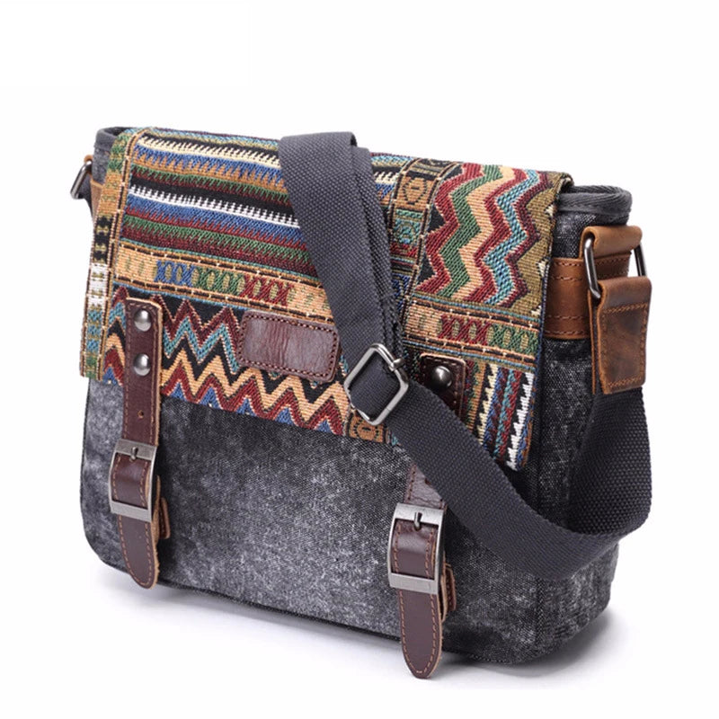 High Quality Waxed Canvas Shoulder Bag National Style Crossbody Bag Young Men Patchwork Color Flap Sling Bag 2022