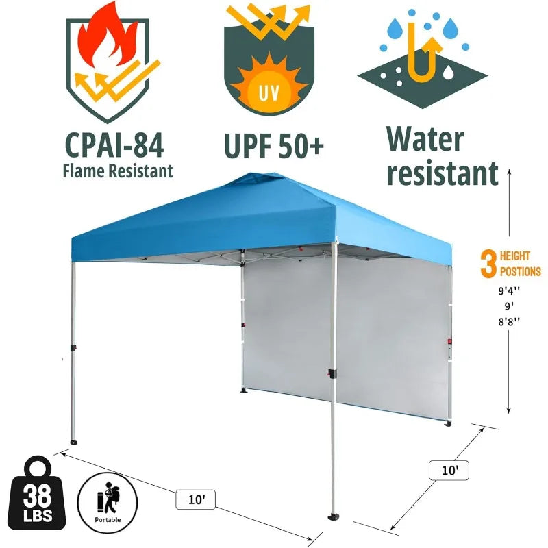 CROWN SHADES 10x10 Pop Up Canopy with 1 Side Wall - Beach Tent with One Push Setup - Gazebo with STO-N-Go Cover Bag (Sky Blue)